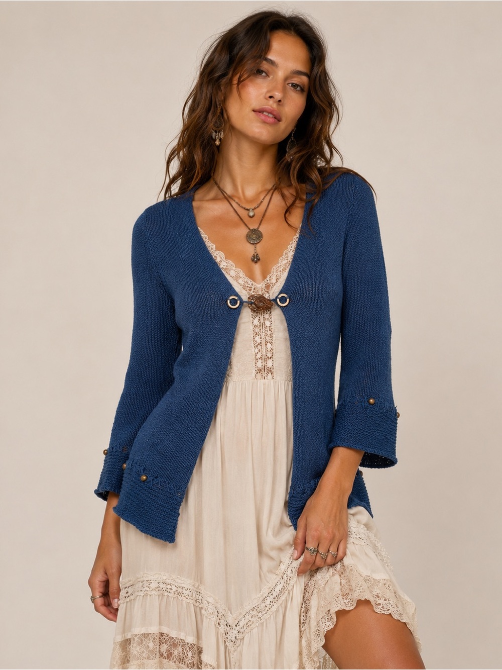 Boho Goblincore Cobalt Blue Open Knit Cardigan Wooden Button Earthy Y2K Twee